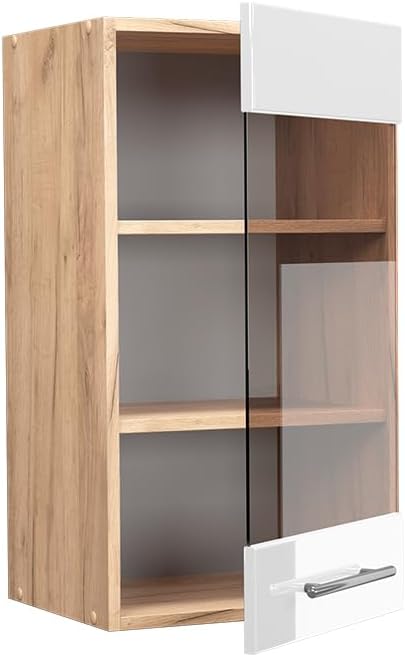 Vicco Küchenschrank Glas Fame-Line, Weiss Hochglanz/Goldkraft Eiche, 40 cm Hängeglasschrank 40 cm We