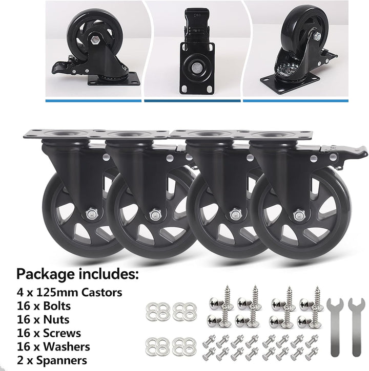 RRIUTO 4 Lenkrollen mit Bremse, 125 mm Transportrollen mit Bremse Strandkorbrollen Möbelrollen für M