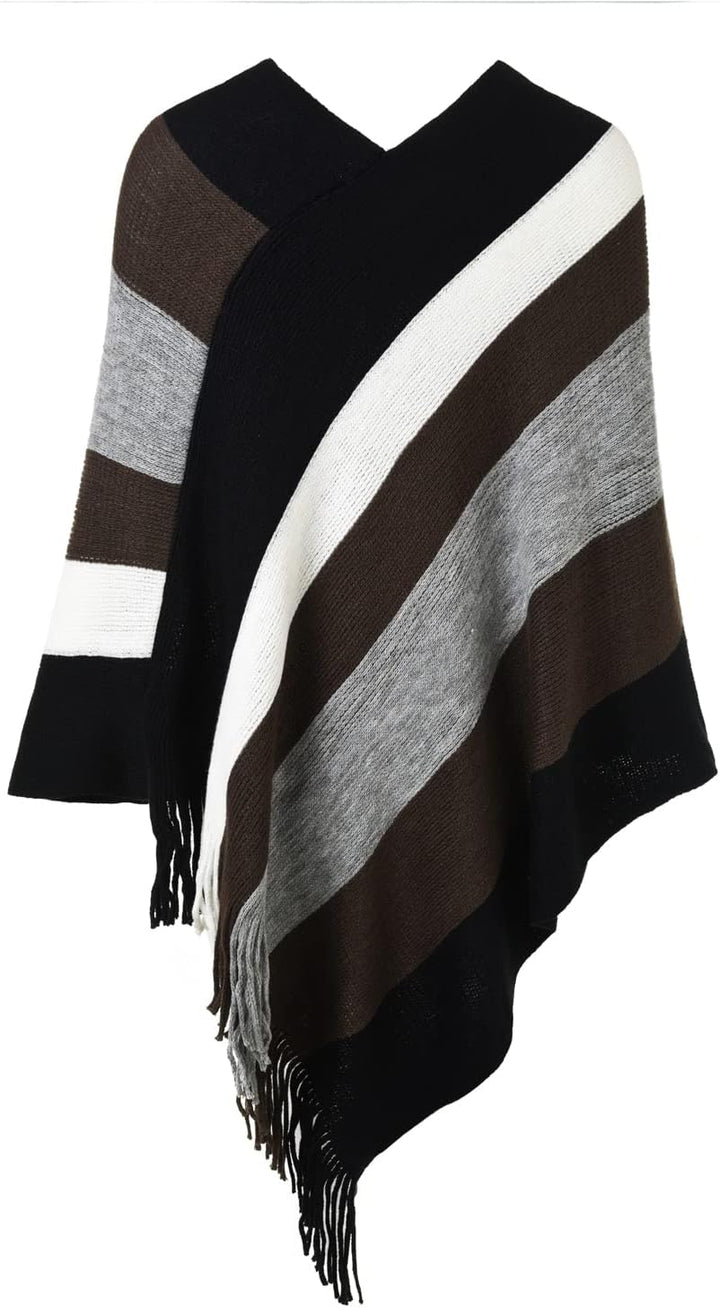 Ferand Damen Gestreifter Poncho Pullover Vielseitiger Schal zum Wickeln mit Fransen für Herbst und W