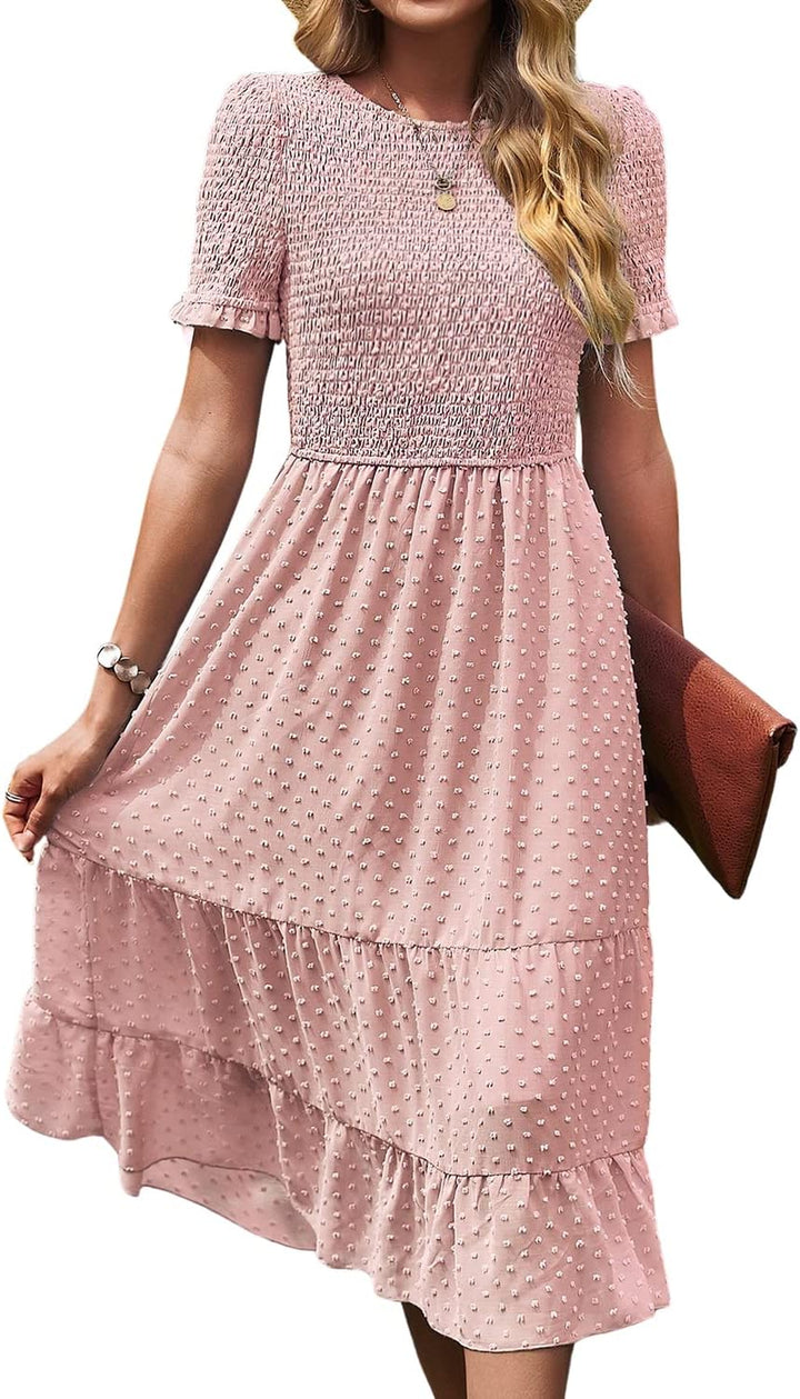 BebreezChic Damen Sommerkleid Rundhals Kurzarm Puffärmel Gerüschter Gerafftes Freizeitkleid mit Hohe