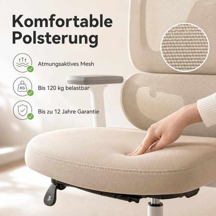 MUSSO E600SE Ergonomischer Bürostuhl, 3-stufig verstellbare Lendenwirbelsäule 3D-verstellbare Armleh
