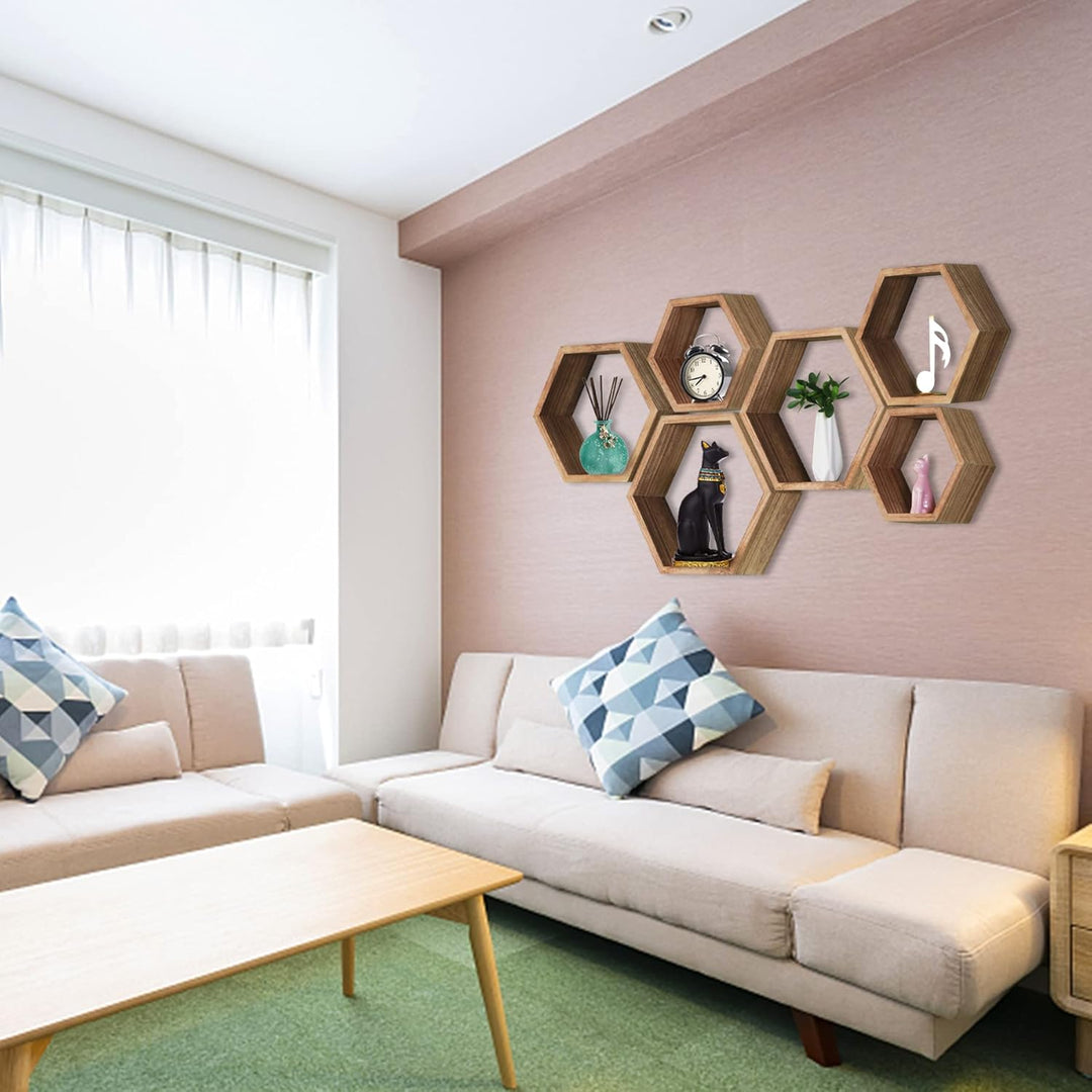 MITREL Hexagon Wandregal, Wohnzimmer Deko Wand, Holz Hängeregal für Schlafzimmer, 3er-Set(Karbonisie