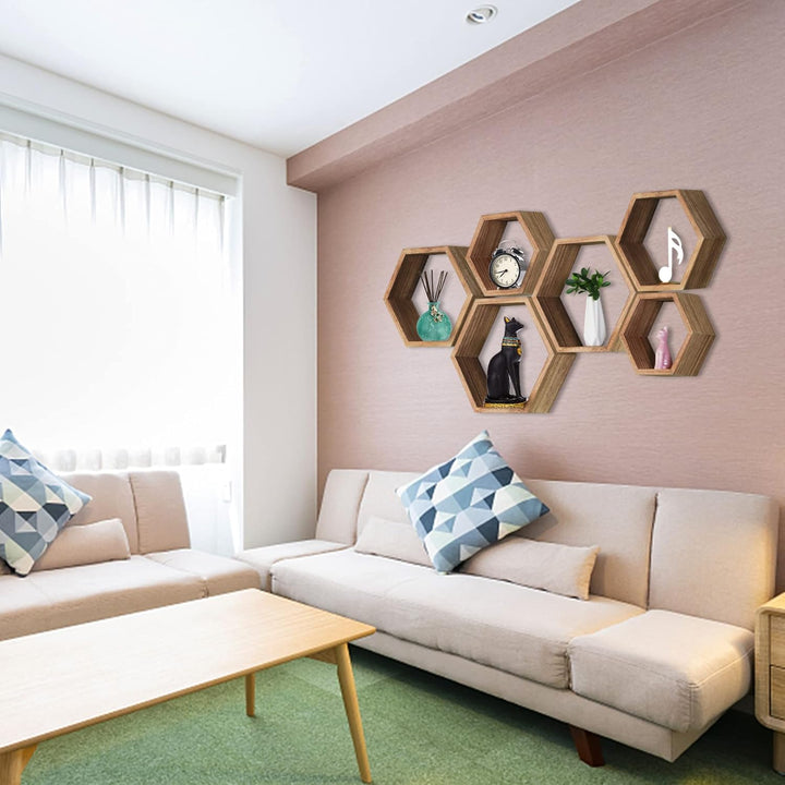 MITREL Hexagon Wandregal, Wohnzimmer Deko Wand, Holz Hängeregal für Schlafzimmer, 3er-Set(Karbonisie