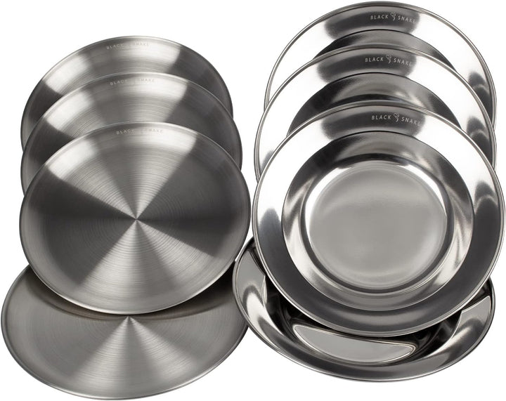 Black Snake® Camping Teller Set 4 flach & 4 tief - Edelstahl Essteller - robustes Outdoor Geschirr f