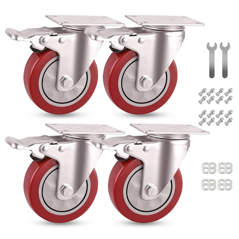BAOLIHUI 4er Set Lenkrollen für Möbel 100MM Möbelrollen mit Bremse Schwerlastrollen 600kg Rot Rollen