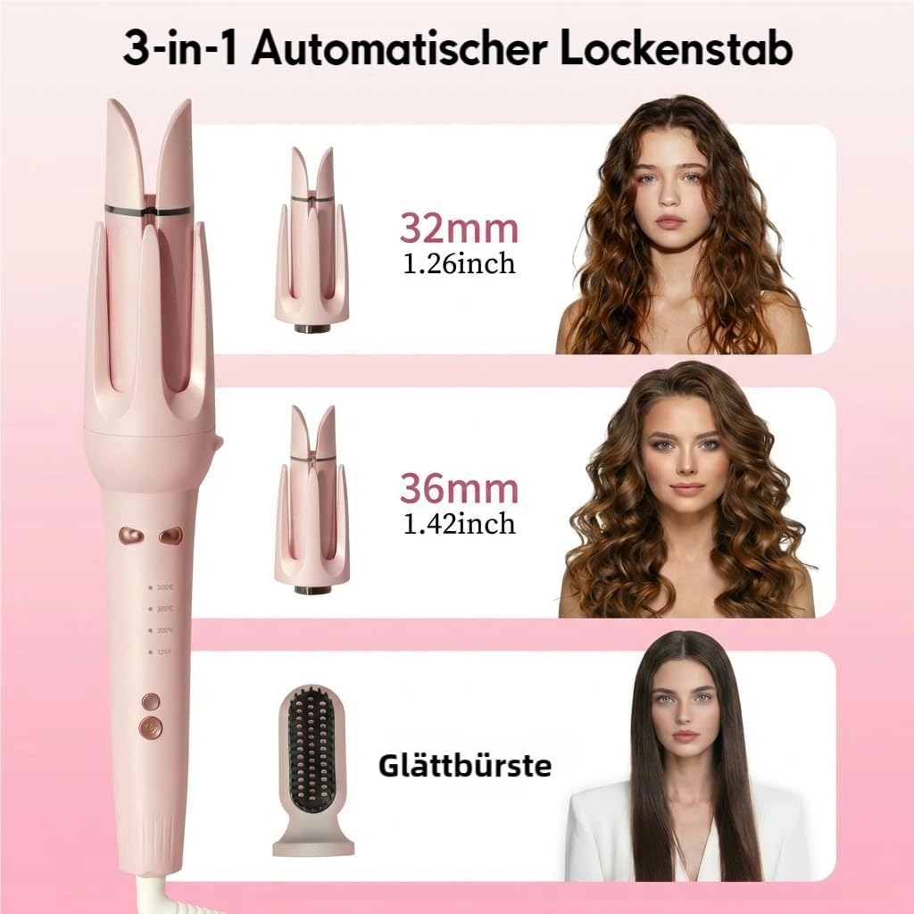 3-in-1 Automatik Lockenstab, Keramik Ionen (Gelb) | 32mm &amp; 36mm Locken, Glättbürste, Automatisches D