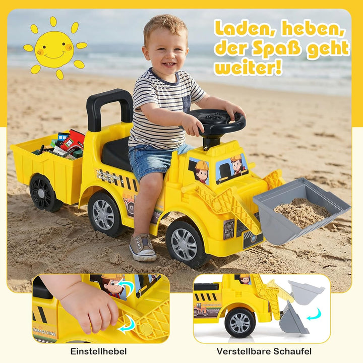 COSTWAY Sitzbagger mit Schaufel & abnehmbarem Anhänger, Kinderbagger mit Stauraum unter dem Sitz, Hu