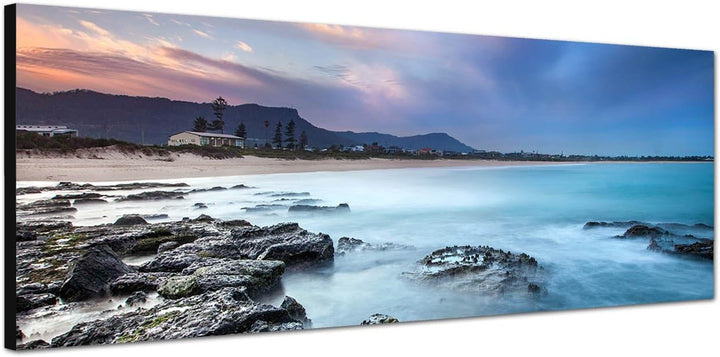 Paul Sinus Art Panoramabild auf Leinwand und Keilrahmen 120x40cm Strand Felsen Morgendämmerung Nebel