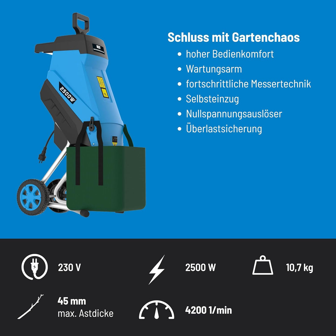 Güde Gartenhäcksler GH 2501 (2500 W, Messertechnik, wartungsarm, Selbsteinzug, Transporträder, Überl