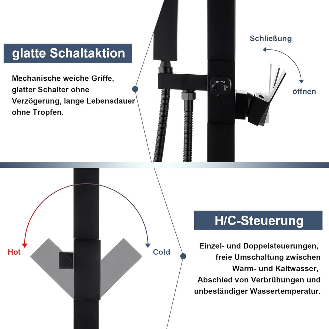 Freistehende Schwarze Edelstahl Gartendusche mit Warm- &amp; Kaltwasser | 10-Zoll Regenduschkopf, Edelst