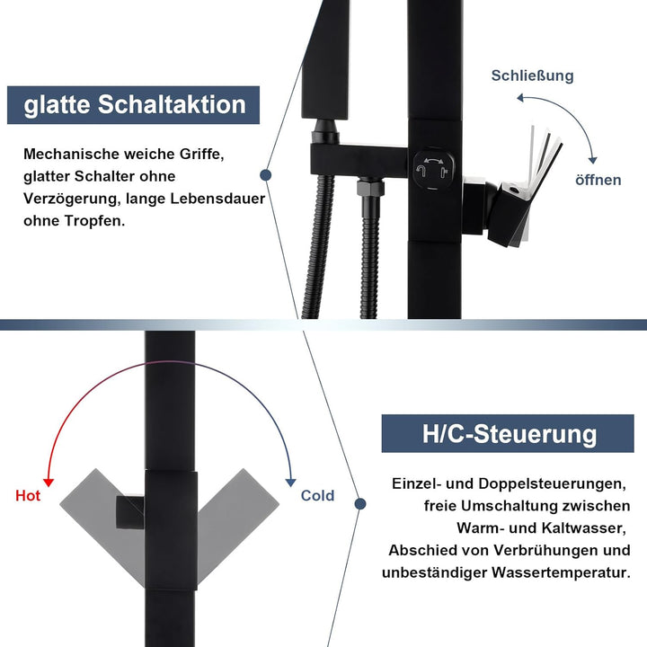 Freistehende Schwarze Edelstahl Gartendusche mit Warm- &amp; Kaltwasser | 10-Zoll Regenduschkopf, Edelst