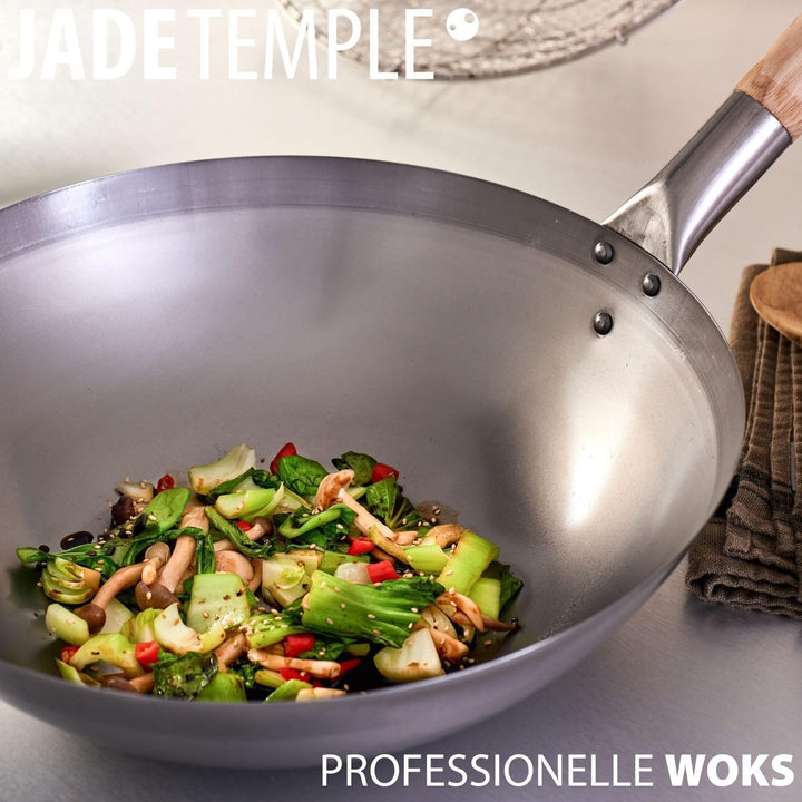 JADE TEMPLE Wok aus Carbonstahl, mit flachem Boden und 35 cm Durchmesser, mit rundem Holzgriff Durch