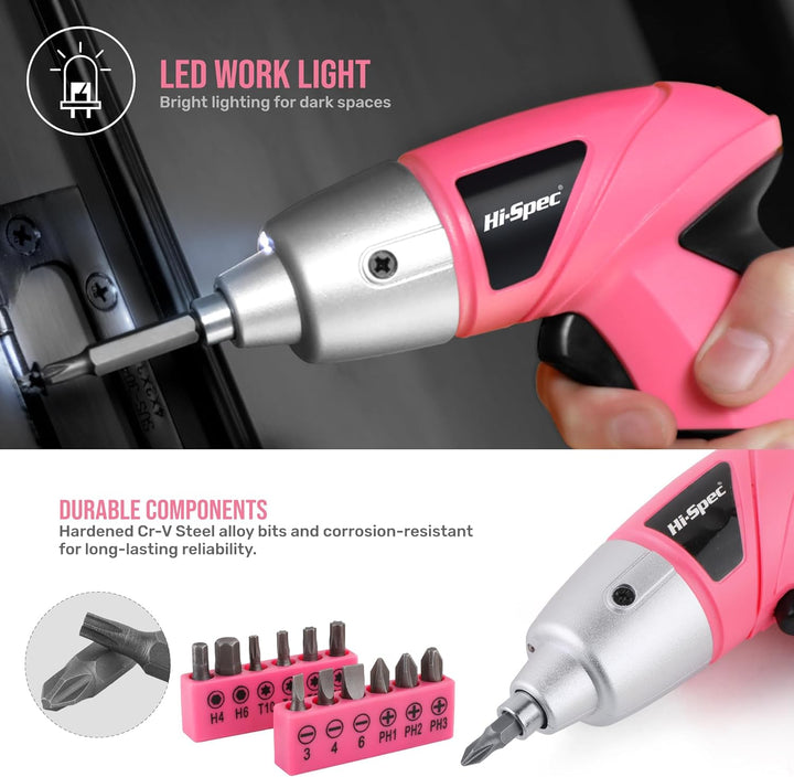 Hi-Spec kleiner Werkzeugkoffer gefüllt für Frauen mit Hammer, Zange, Bit Set und Pinken Akkuschraube