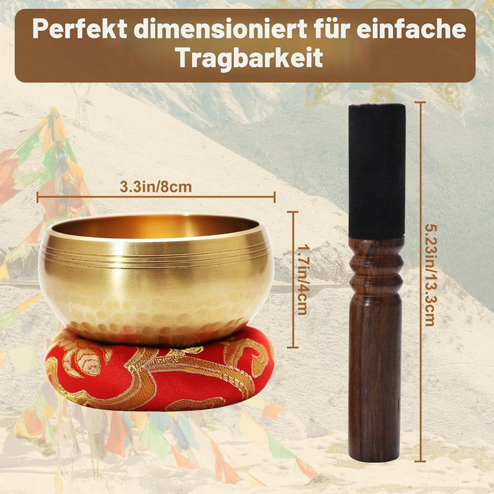 Tibetische Klangschale Set 8cm – Handgefertigte Meditationsschale aus Messing mit Holzklöppel Kissen