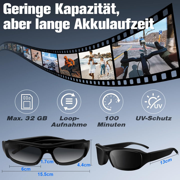 Klein Brillen Kamera HD 1080P, Tragbar Videorecorder ohne WLAN, Sonnenbrillen Action Kamera für Vide