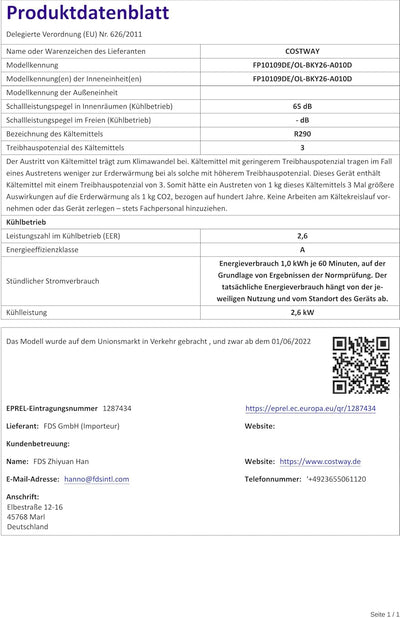 COSTWAY Mobile Klimaanlage für Räume bis zu 60-75 m³(20-25 m²), 9000 BTU, 2,6KW, Kühlen&Ventilieren&