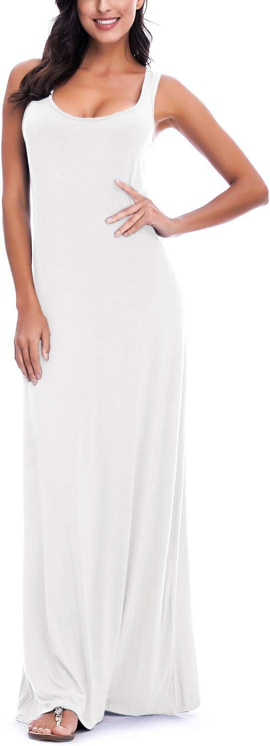 EXCHIC Damen Sommer Leichte Ärmellos Strand Maxi Kleid Elegant Elastisch Tunika Lang Kleider M Weiss