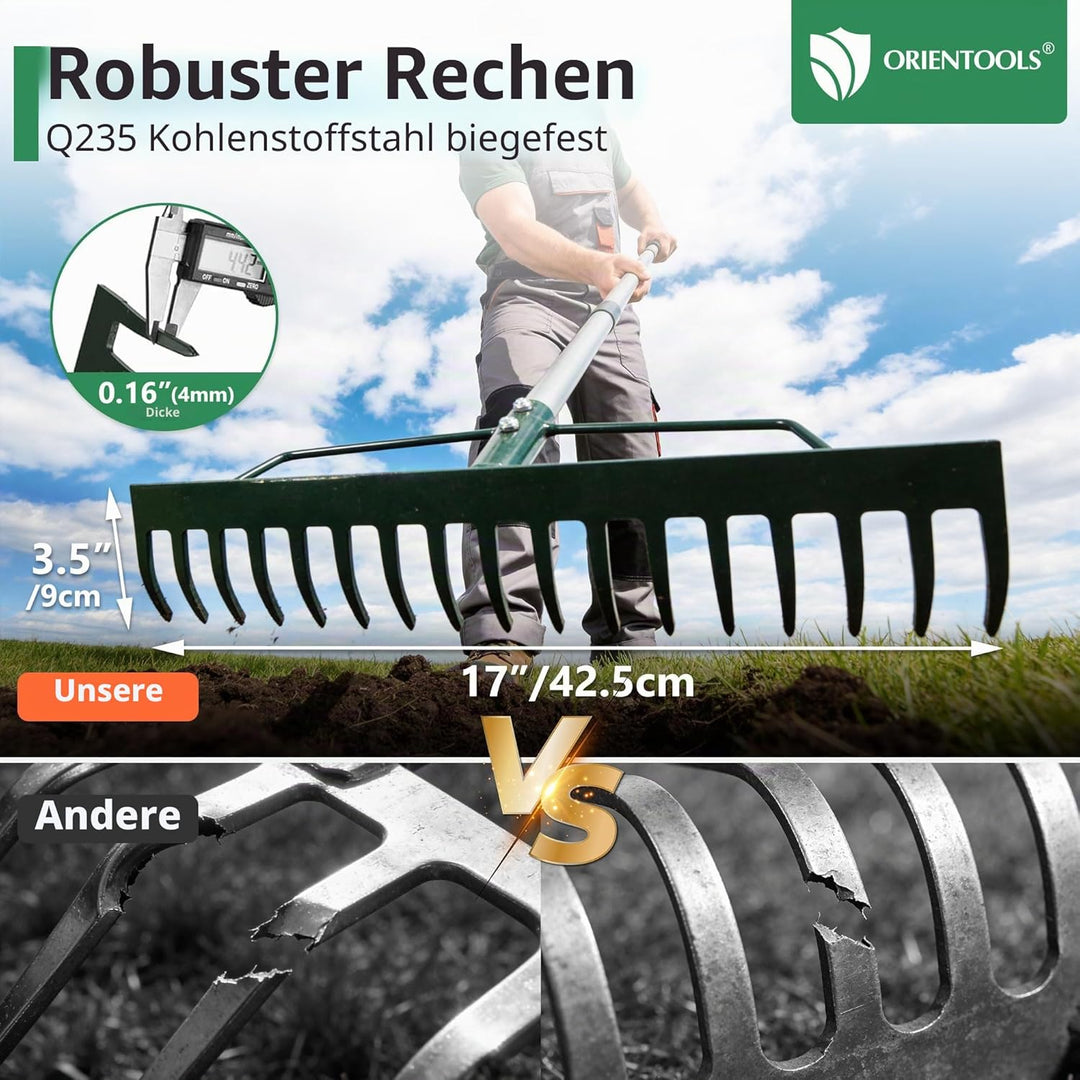 ORIENTOOLS Gartenrechen, schwere Ausführung, 44 cm Breite, 160 cm Stiellänge, 1,7 kg für Boden locke