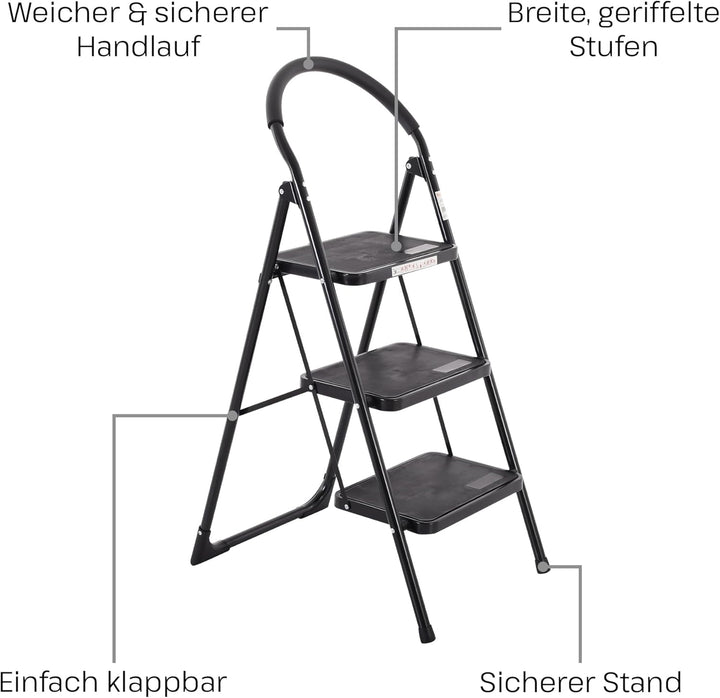 Raburg Tritt-Leiter Tom, 3 Stufen in SCHWARZ, klappbar, 73 cm hoch, Komfort-Sicherheitshandlauf, bis