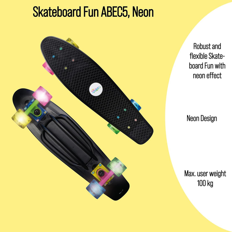 muuwmi Lights Skateboard Fun Glow – LED-Leuchtrollen (batterielos), Deck 57x15cm, rutschfest, ABEC5,