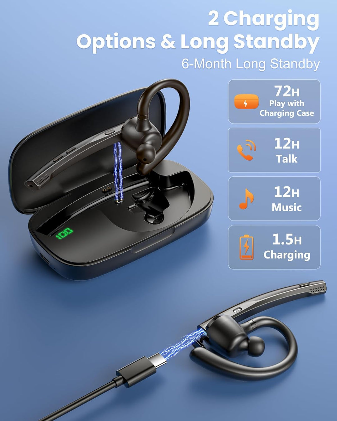 New Bee Bluetooth-Headset V5.3 Bluetooth-Freisprecheinrichtung, Dual-Mikrofon mit 500 mAh Ladehülle,