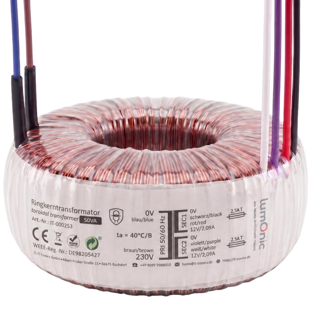 Sedlbauer Ringkerntrafo Transformator 50VA 2x12V für Audio, Industrie, Halogen und Schienensysteme -