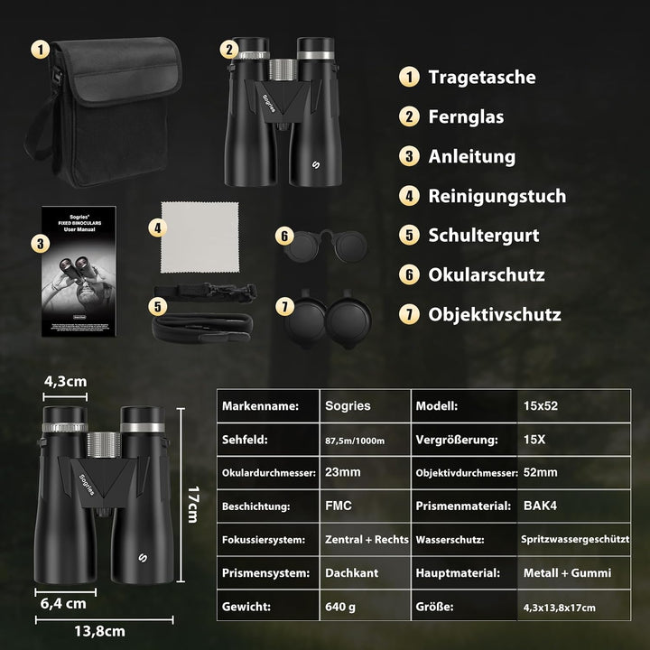 Sogries 15x52 Fernglas Erwachsene BAK4 FMC für Vogelbeobachtung Outdoor
