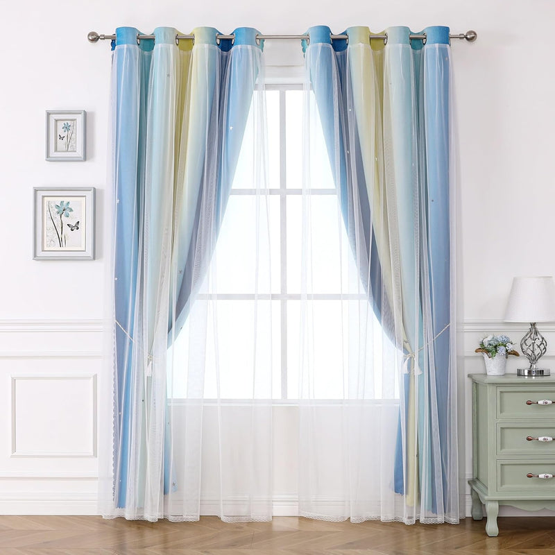 Freyamy Gardinen Blau Beige Weiss Glänzend Sterne Vorhänge Blickdicht Kinderzimmer Halbtransparent H