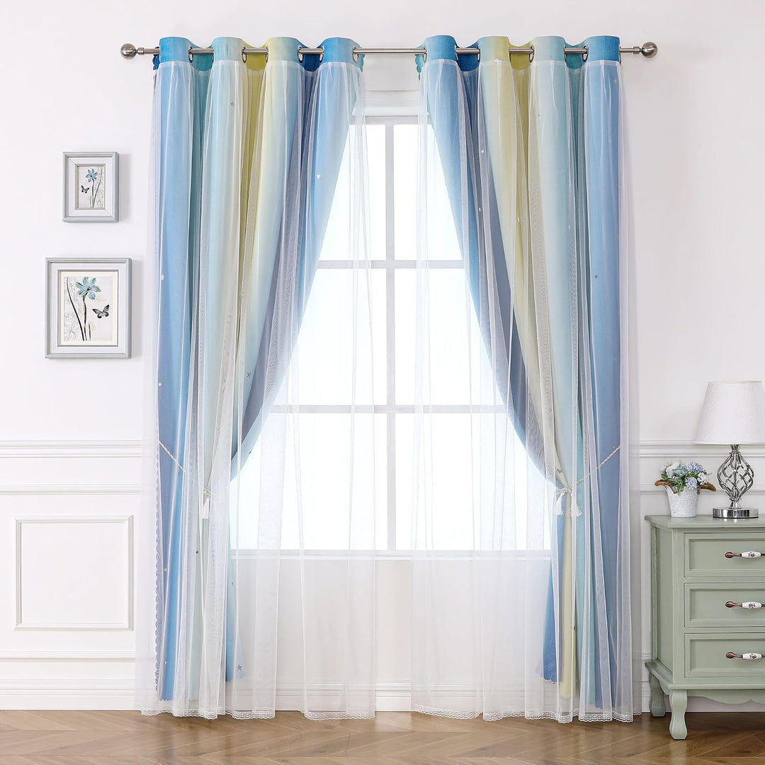 Freyamy Gardinen Blau Beige Weiss Glänzend Sterne Vorhänge Blickdicht Kinderzimmer Halbtransparent H