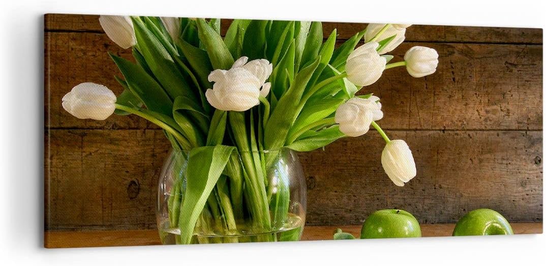 Wandbilder Dekoration Wohnzimmer Tulpen Apfel Blumenstrauss Frühling Bilder auf Leinwand 120x50cm Le