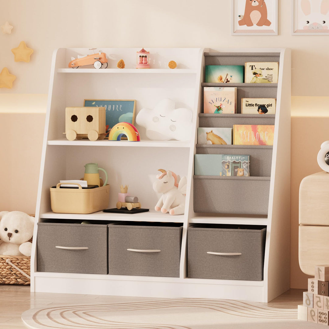 KEEPREAPER Kinderregal mit 3 Aufbewahrungsboxen, Bücherregal Kinder aus Holz mit 4 Ablage & 3 offnen