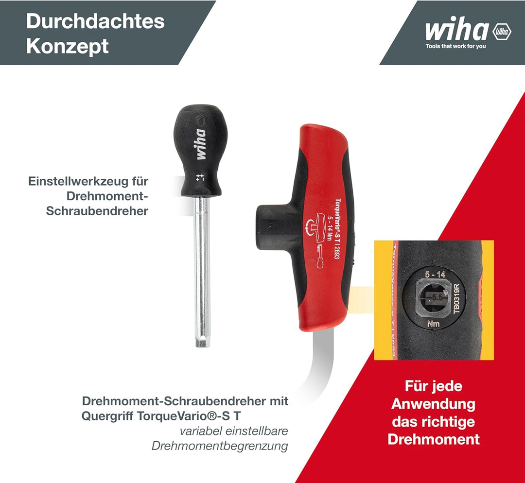 Wiha einstellbarer Drehmoment-Schraubendreher mit Quergriff TorqueVario®-S Tplus 5-14 Nm, hörbares K