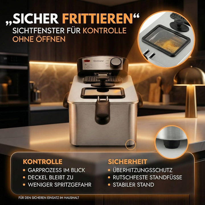 Fritteuse 3L 2000W – Fritteuse mit Öl aus Edelstahl | Öl Fritteuse 130–200°C | Haushalts Fritteusen