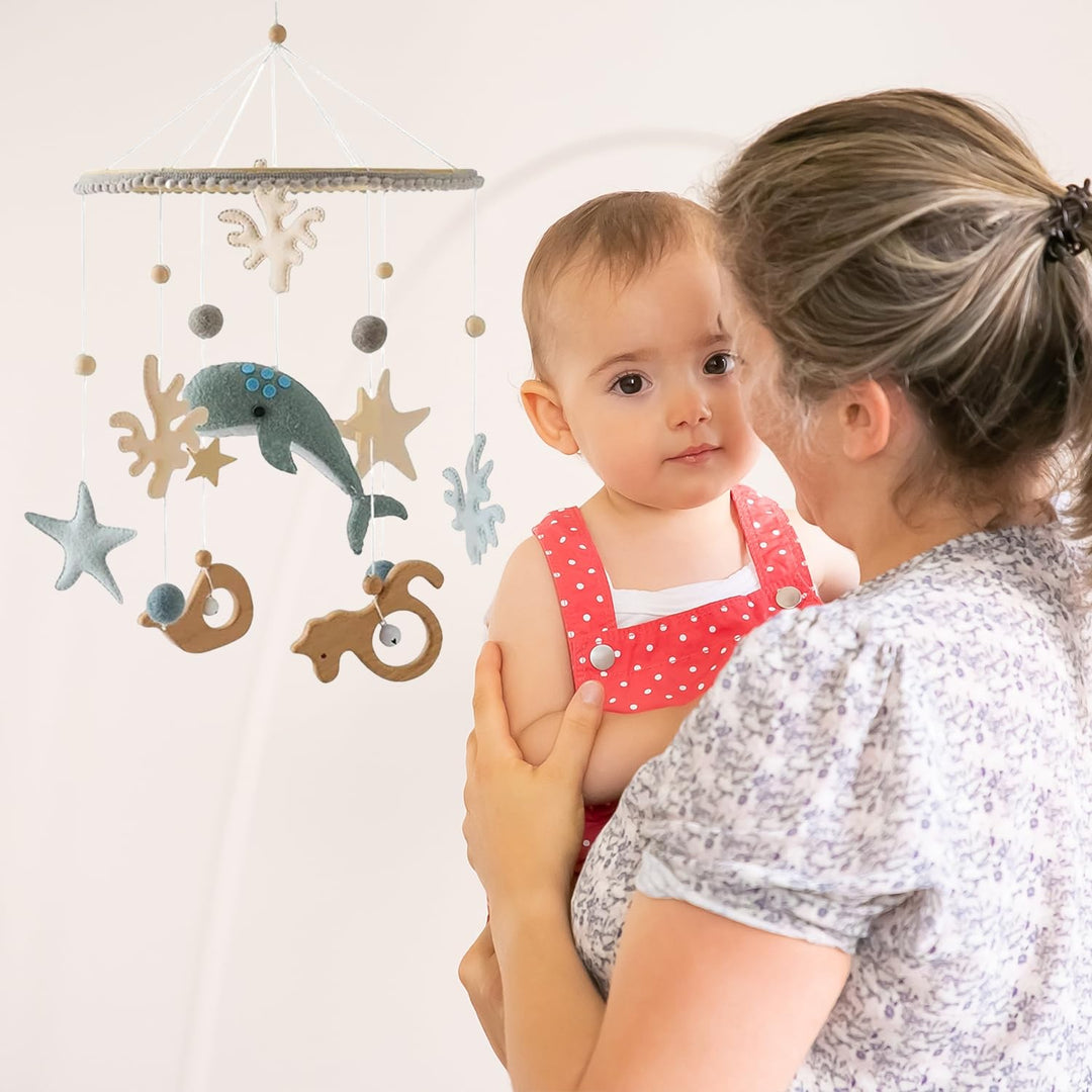 Herfair Meer Welt Mobile Baby Windspiele, 3D Delphine Mobile Baby Holz mit Filzbällen, Mobile Baby M
