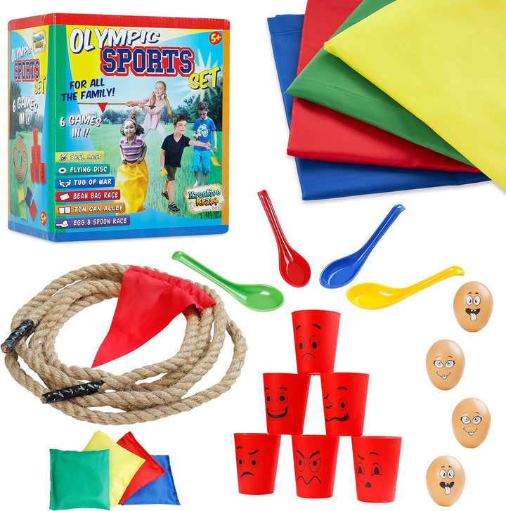 Outdoor Spiele für Kinder Set Gartenspiele für Kinder Sackhüpfen Eierlaufen Tauziehen Dosenwerfen Hi