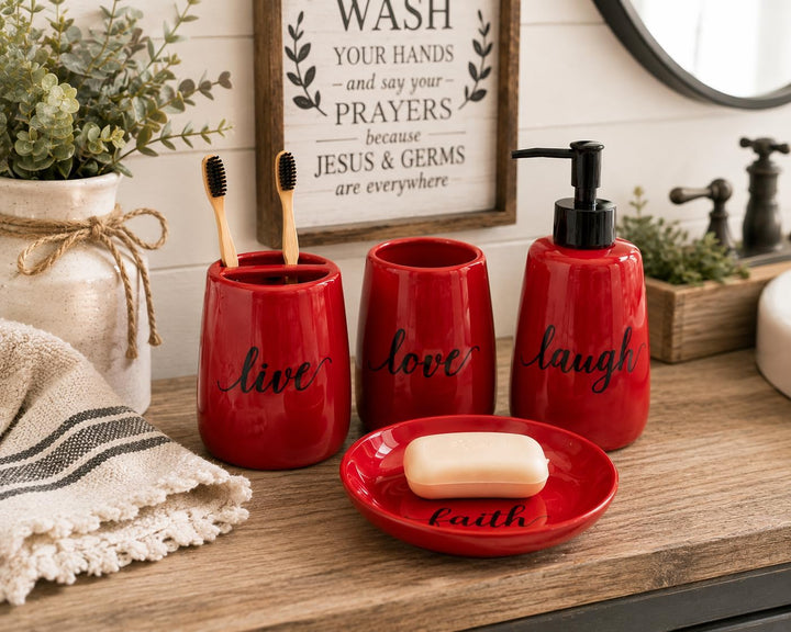 Badezimmer-Zubehör-Set, Keramik, 4-teilig, Zahnbürstenhalter, Seifenspender, Seifenschale, Wäschetro