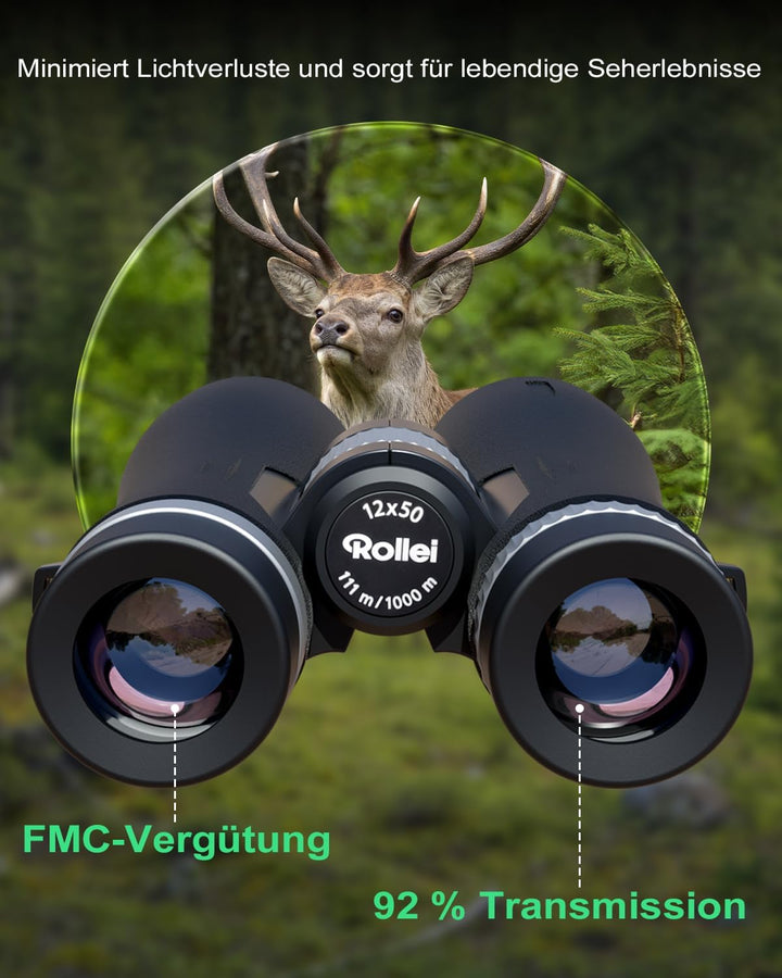 Rollei Fernglas 12x50 Pro Binoculars für Erwachsene Brillenträger mit 12X Vergrösserung & FMC-Linsen