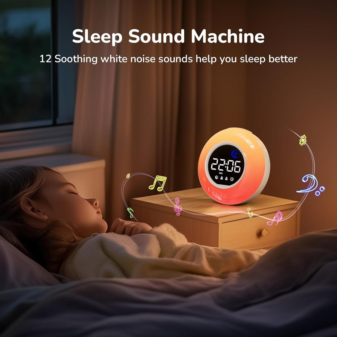 Wecker Digital, Kinderwecker mit Nachtlicht, 12 White Noise, 2 Alarme, Snooze und Timer, Einstellbar