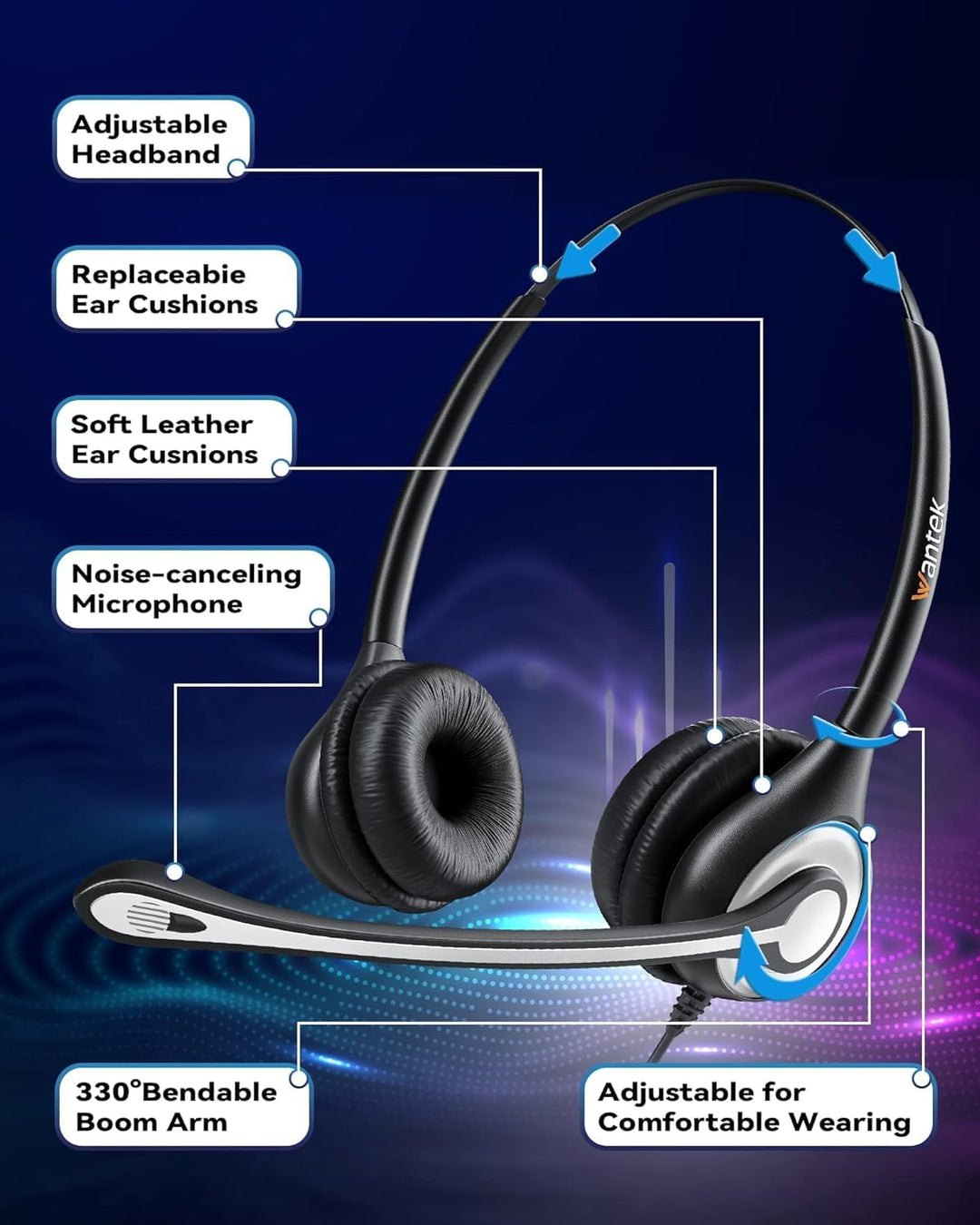 Wantek RJ9 Telefon Headset mit Mikrofon Noise Cancelling & Lautstärkeregler, Festnetztelefon Kopfhör
