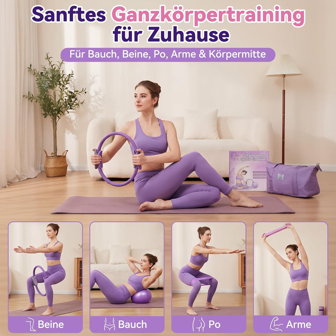 Pilates Set für Anfängerinnen, Pilates Ring Set mit Ball, 5 Widerstandsbändern, Socken, 4-Wochen-Pla