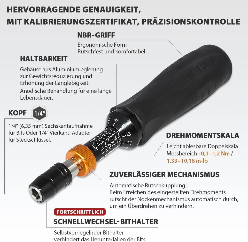 FIRSTINFO H5178 | 1/4 Zoll | 0.1-1.2 Nm, 1.33-10.18 in-lbs | Drehmomentschraubendreher | mit Rapidap