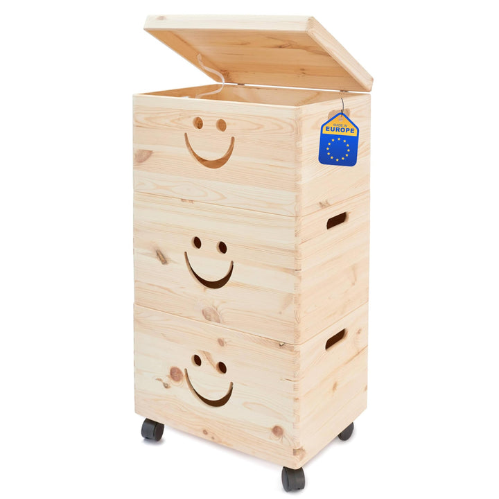 Pinus - Spielzeugkiste Holz mit Deckel 3-in-1, Spielzeug Aufbewahrung Lächeln, 39x30x74 cm, Aufbewah