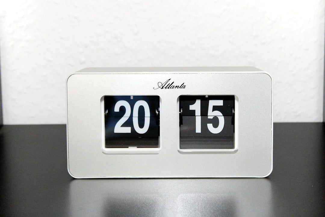 Atlanta Moderne Tischuhr Quarz mit Retro Flip Klapp Anzeige - 4464/19 (Weiss/Silber), Weiß/Silb