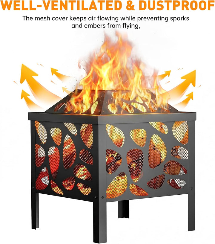 Feuerstelle aus Holz für den Aussenbereich, 40cm, Stahl Feuerstelle mit Mesh Funkenschutz für Campin