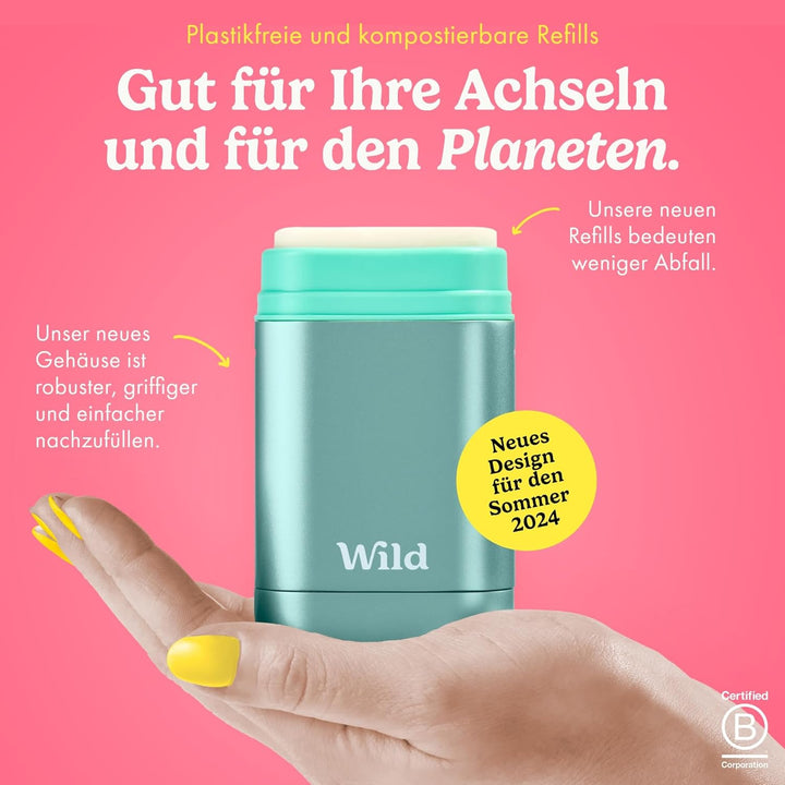 Wild - Natürliches nachfüllbares Deo - Aluminiumsalzfrei - Metallicblauer Deobehälter mit Nachfüll-S