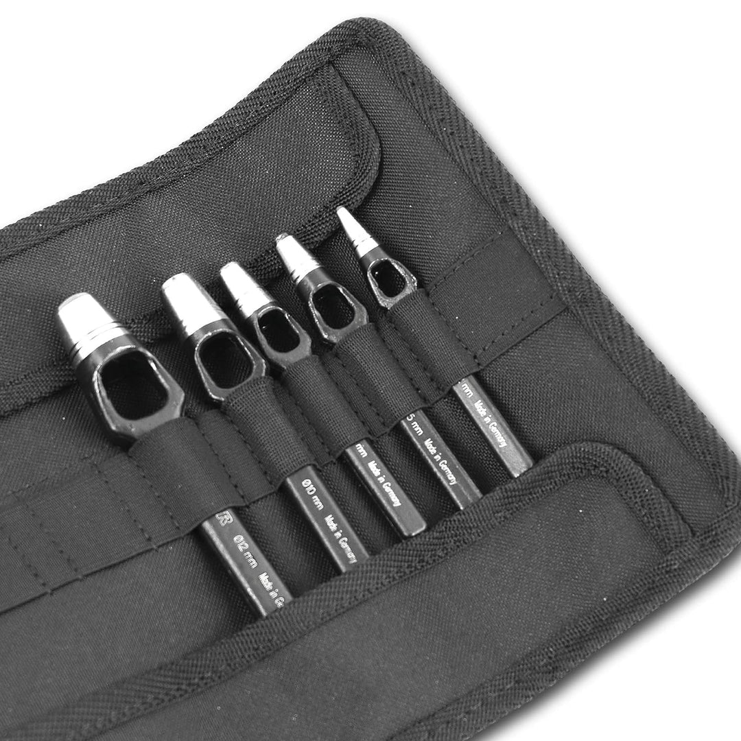 S&amp;R Henkellocheisen Satz 5-tlg.: 2, 5, 7, 10, 12 mm/MADE IN GERMANY/in Kunststoffrolltasche Locheise