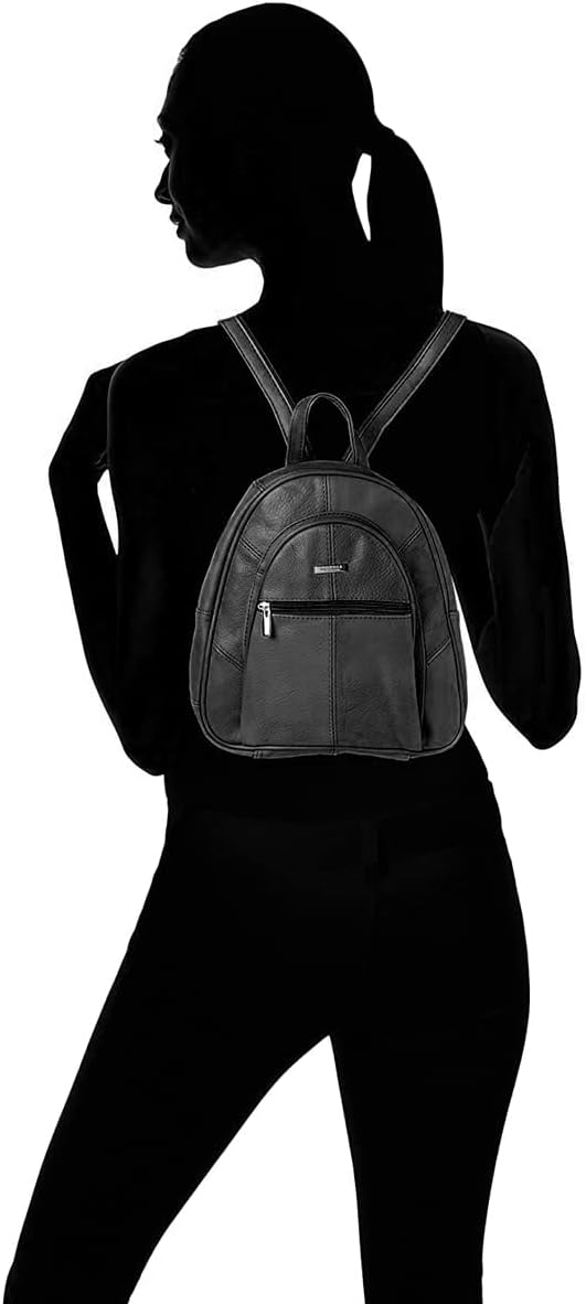 Woodland Leathers Modischer Damenrucksack, klein, schwarz, mit Anti-Diebstahl-Reissverschluss und Ha