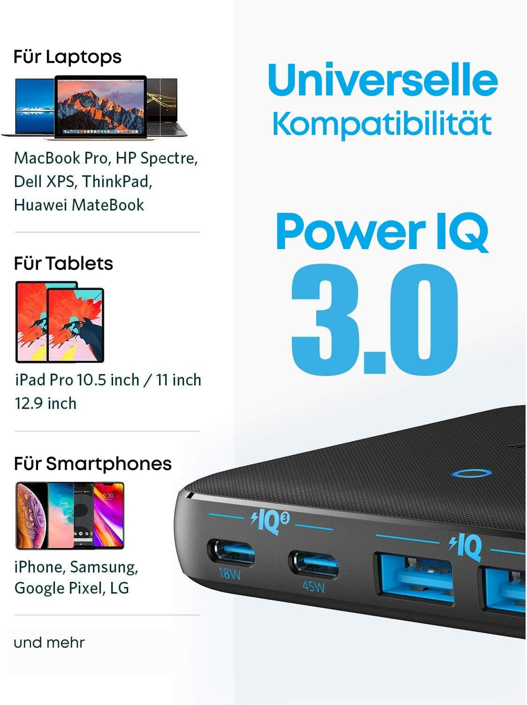 Anker USB-C Ladegerät, 543 (65W II) PIQ 3.0 & GaN 4-Port Netzteil, Dünnes Design, Zwei USB-C Anschlü