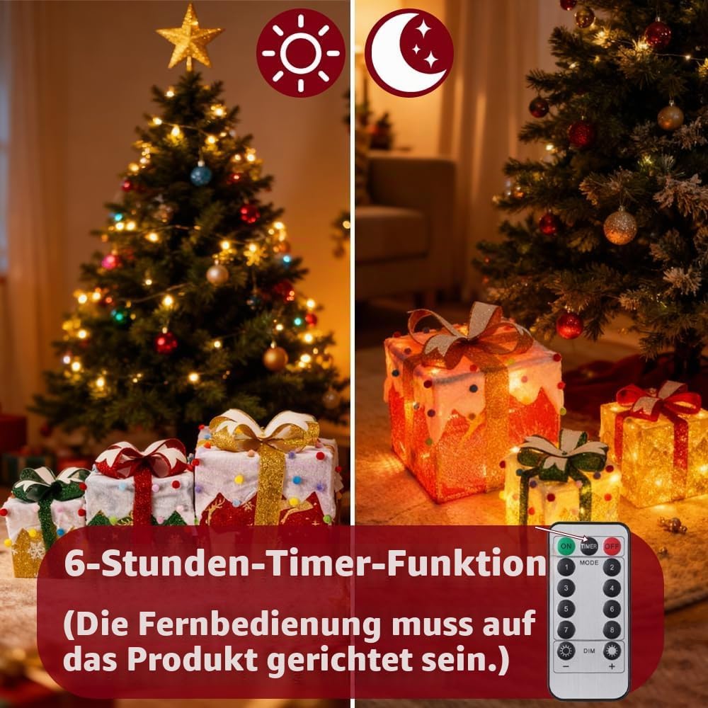 Led Geschenkbox Weihnachten mit Timer 3er Set, Led Deko Geschenke Leucht Boxen, Weihnachtsdeko Leuch