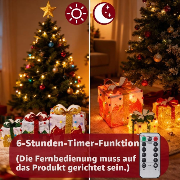 Led Geschenkbox Weihnachten mit Timer 3er Set, Led Deko Geschenke Leucht Boxen, Weihnachtsdeko Leuch